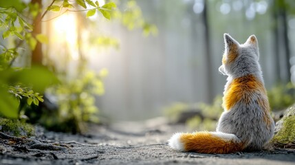 Fototapeta premium Small fox kit sitting beside a vibrant neon doodle in a serene forest