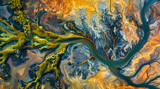 Abstract aerial view of colorful river delta estuary and vibrant natural channels