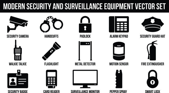 Modern security and surveillance equipment vector icons set including camera and lock devices  security tools and gadgets