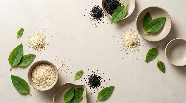 Flat lay of ajonjoli seeds and fresh green herbs on a textured neutral background for organic culinary photography and healthy food ingredient concepts