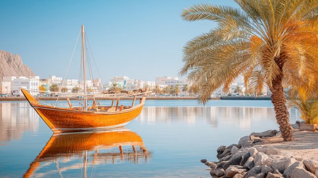 Classic Omani Dhow in Sur Harbor with Palm Trees and Serene Reflections