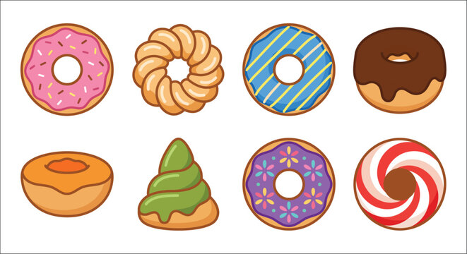Assorted donuts and peppermint candy colorful vector illustration on a white background