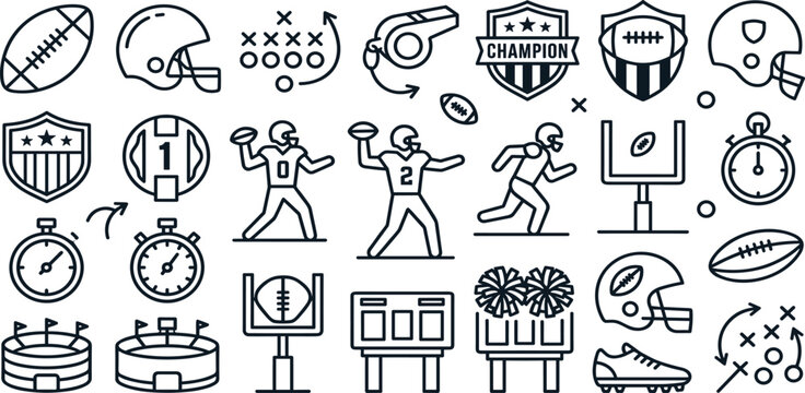 American Football Championship Icon Set Featuring Players Helmets Strategy Goalposts Trophies and Sports Competition Symbols