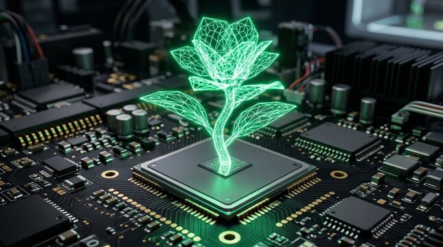 Futuristic conceptual image of a glowing green holographic flower emerging from a microprocessor on a high-tech circuit board