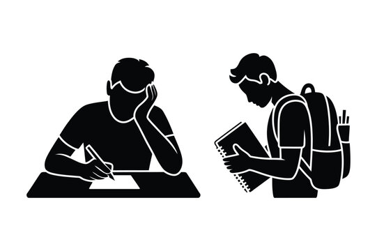 Silhouette illustration of student studying and carrying backpack with backpack