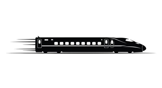 Black Silhouette of Modern High Speed Bullet Train Isolated on White Background Vector Illustration