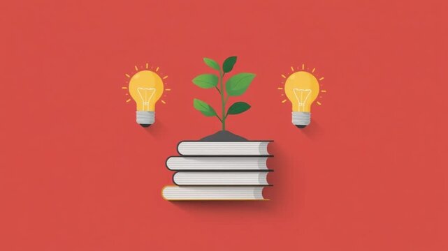 Green plant sprouts from stacked hardcover books between two glowing light bulbs in this minimalist animated digital motion video clip.