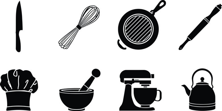 Black kitchen utensils silhouettes set featuring chef hat knife whisk frying pan rolling pin stand mixer mortar and kettle icons isolated on white background