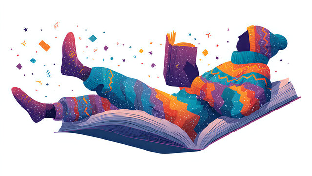 Vibrant artwork of a reader soaring on a magical book, a concept of imagination and literary escapism