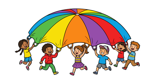 Diverse group of happy children playing together holding a colorful parachute outdoors