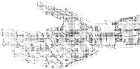 Obraz premium Robotic hand depicted using halftone dots, displaying intricate joint work, advanced industrial design, and futuristic technology, abstract digital art.
