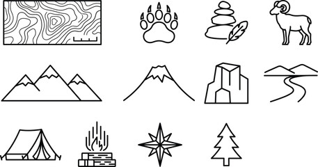 Outdoor camping and mountain adventure icon set with topographic map ram bear paw tent campfire vector line art © AKTAR