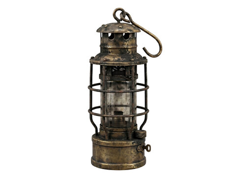 Vintage brass miners lantern with protective cage and hanging hook for historical lighting decor on transparent background