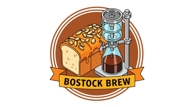 Bostock Brew coffee shop logo with fresh bread and siphon coffee maker.