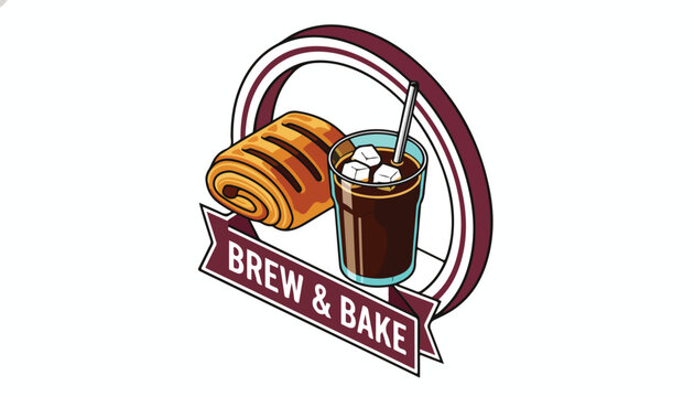 Brew and Bake coffee shop logo with pastry and iced drink.
