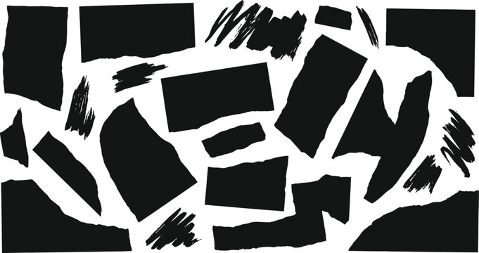 Set of black ripped paper scraps and hand drawn brush stroke textures isolated on white