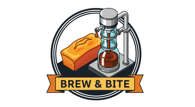 Brew and Bite coffee shop and bakery logo design with siphon brewer and bread.