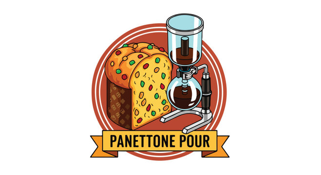 Illustration of Italian Panettone cake and coffee siphon brewer.