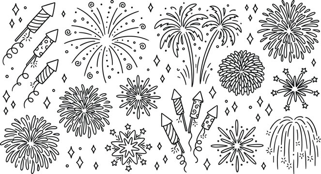 Set of doodle style fireworks and pyrotechnic rockets isolated on white background