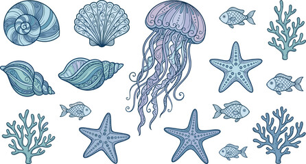 Set of Hand Drawn Marine Life Elements Including Jellyfish Seashells Fish and Coral Reef © ABDUL