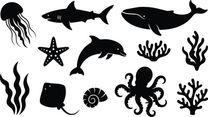 Set of Sea Animals and Underwater Marine Life Silhouettes Isolated on White Background © ABDUL