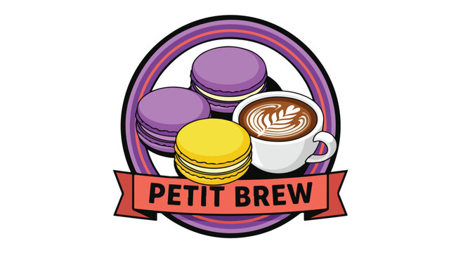 Logo design for Petit Brew coffee shop featuring macarons and latte art.