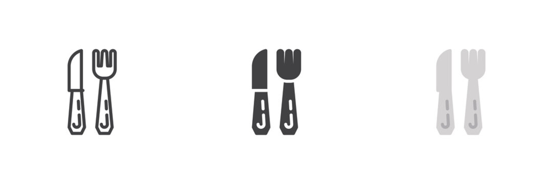 Fork and knife icon in line, solid, flat colorful styles. Fork and knife icon pair with handles, color vector sign and symbol for cutlery set pack.