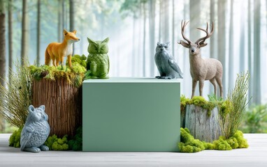 Fototapeta premium Forest Podium Display with Decorative Animal Figures for Holiday Showcase