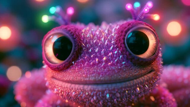 Cute fantasy frog zooming closer with glowing bokeh lights in 3D CGI render for children and entertainment content