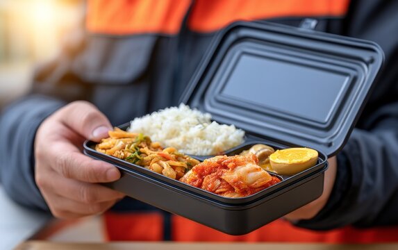 Closeup of Korean Dosirak Bento Being Opened with Delicious Contents