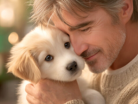 Man gently pressing face against puppy while holding it in arms