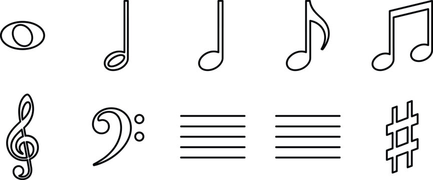 Music notes and clef notation icon set with treble bass staff sharp eighth quarter whole vector line art