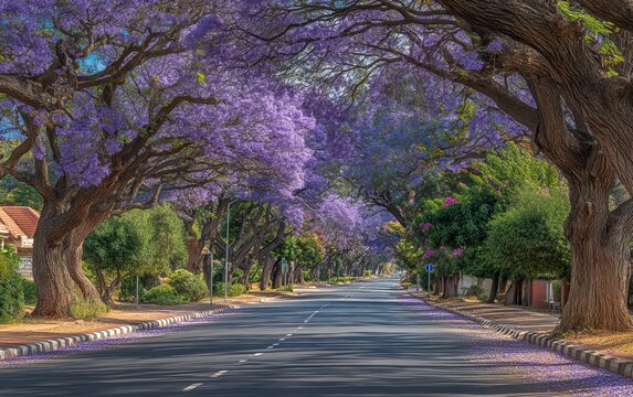 Stunning Jacaranda Tree Tunnel Over Suburban Avenue in Pretoria, South Africa