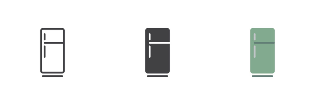 Refrigerator icon shown in line, solid and flat style with color and colorful versions. Refrigerator icon vector sign and symbol for kitchen appliance design.
