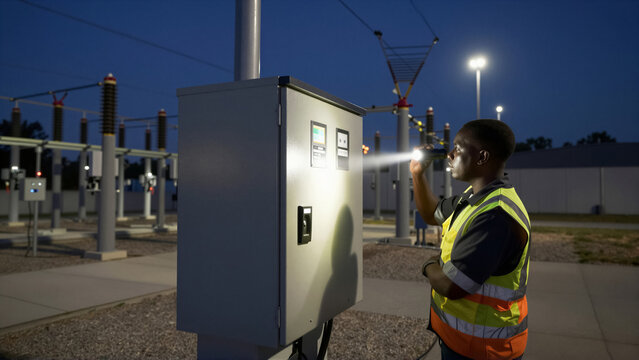 African American engineer conducts a vital night inspection at an outdoor power substation. He uses a flashlight to examine the control panel, ensuring electricity reliability and operati