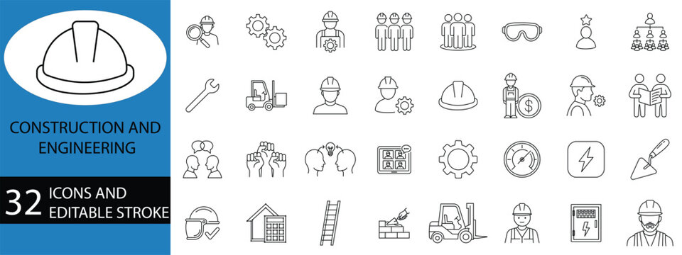 Construction and Engineering Line Icons Set with Workers, Tools, Safety Gear and Teamwork Symbols, 32 Editable Stroke Vector Pictograms