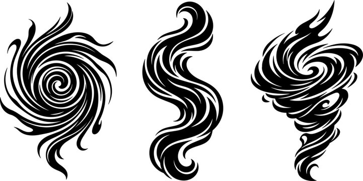 Abstract Swirl and Vortex Vector Set Featuring Tribal Style Tornado Twister and Smoke Wave Silhouettes for Tattoo Logos and Graphic Design Elements