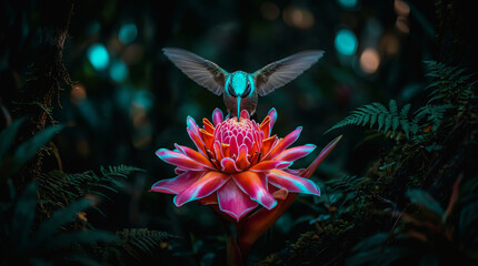 Fototapeta premium A hummingbird hovers over a vibrant pink flower in a dark forest setting with bokeh lights.