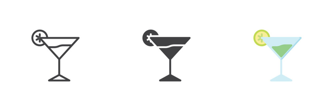 Lime cocktail glass icon in line, solid, flat colorful styles. Cocktail icon with color lime slice, vector sign and symbol for bar, party drink.