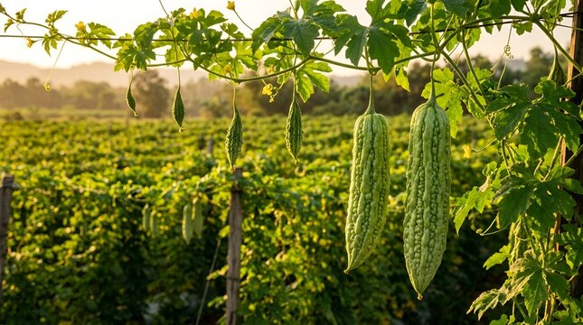 Fresh green bitter gourds hanging from vines on a trellis in a sunny agricultural field during the golden hour with soft natural lighting