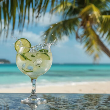 refreshing daiquiri cocktail with lime splash on tropical beach summer drink photography caribbean vacation vibes vibrant cool cocktail in crystal coupe glass with ice splashing