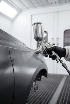 Car detailing, applying primer to a car body with a spray gun in a professional paint booth, close-up of the process.