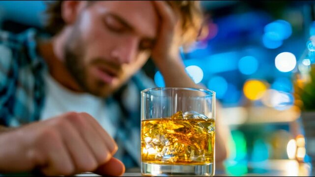 Sad tired man with headache beside a glass of whiskey, showing hangover, stress, regret, and alcohol-related lifestyle problem