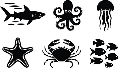 Marine life icon set featuring black silhouettes of shark octopus jellyfish starfish crab and fish school silhouette jellyfish starfish wildlife underwater collection creature tentacle © MstAsmaAkter