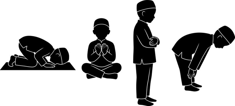 Muslim Boy Praying Silhouette Set Featuring Sujud Prostration Dua Supplication Standing Qiyam and Ruku Bowing Positions for Islamic Graphic Design Elements