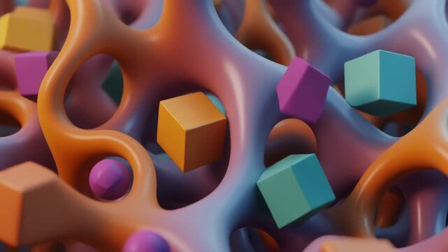 Abstract 3D motion background with floating colorful cubes and organic shapes