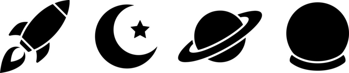Space and Magic Icon Set Featuring Rocket Ship Crescent Moon with Star Ringed Planet Saturn and Crystal Ball Silhouettes for Celestial Graphic Design © Mdsumon
