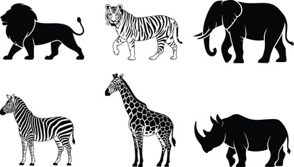 Set of wild animals silhouettes including lion tiger elephant zebra giraffe and rhino with silhouette elephant wildlife collection background isolated adventure savannah predator herbivore © MstAsmaAkter