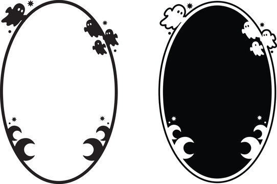 Spooky halloween frames borders with ghosts moons and stars black and white vector graphics for seasonal designs