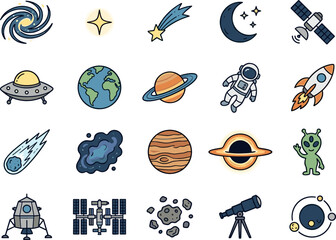 Outer Space Exploration and Astronomy Line Vector Icon Set Featuring Galaxy Planets Astronaut Rocket UFO Alien Satellite Telescope and Black Hole Designs © monoara